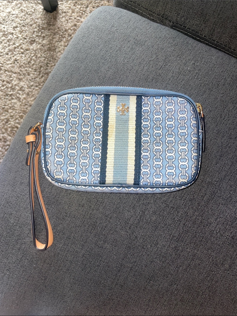 Tory Burch Blue Patterned Wristlet with Tan Strap